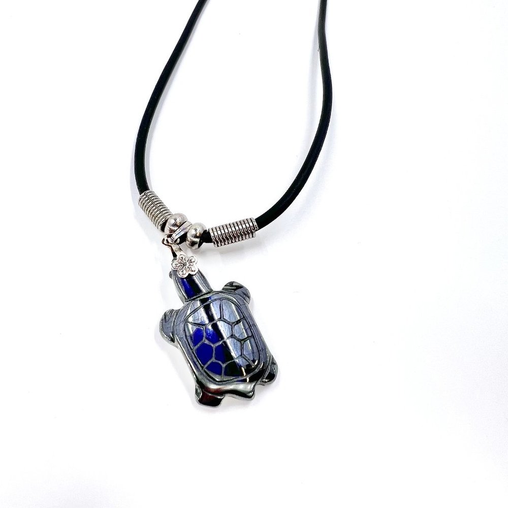 Cute Hematite Sea Turtle Pendant Black Cord 16” Necklace